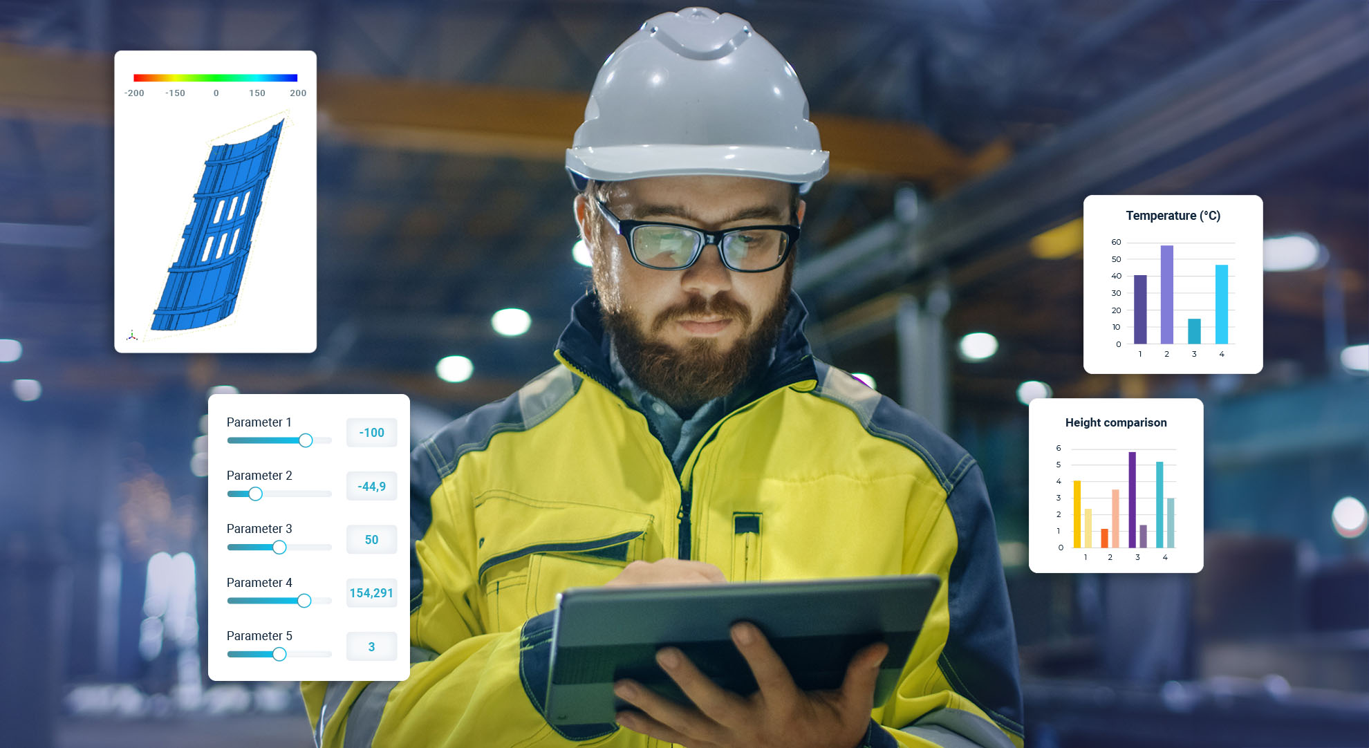 An operator working on his tablet at factory floor. The image is displaying some features of Miura's platform such as: visualisation of a simulation model, parameter sliders for real time visualisation; KPI